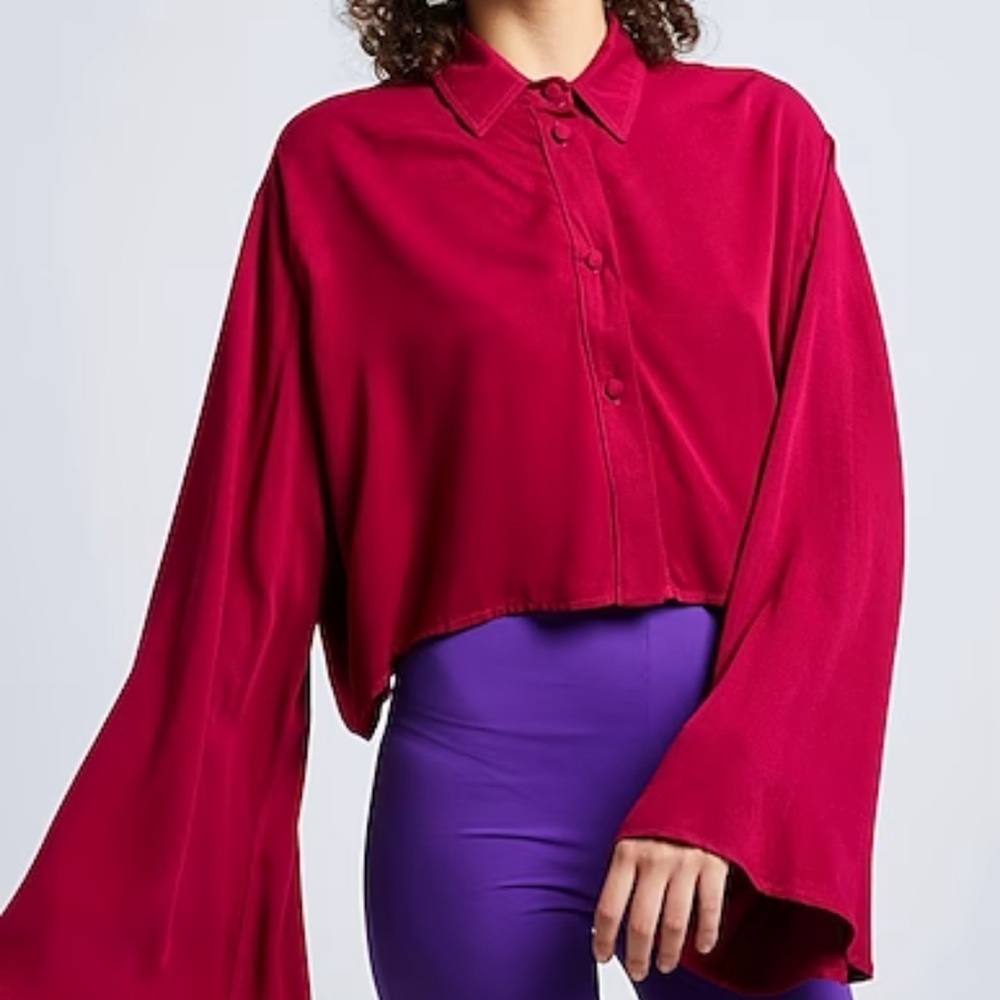 Button-Down Cropped Shirt in Deep Raspberry - Women